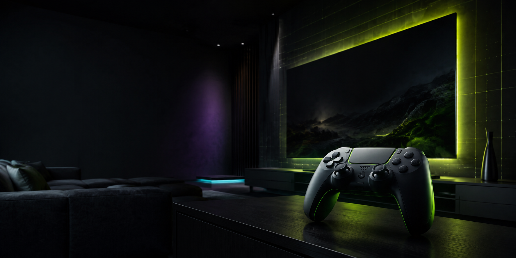 A modern dark gaming lounge with a console controller and acid-lime lighting